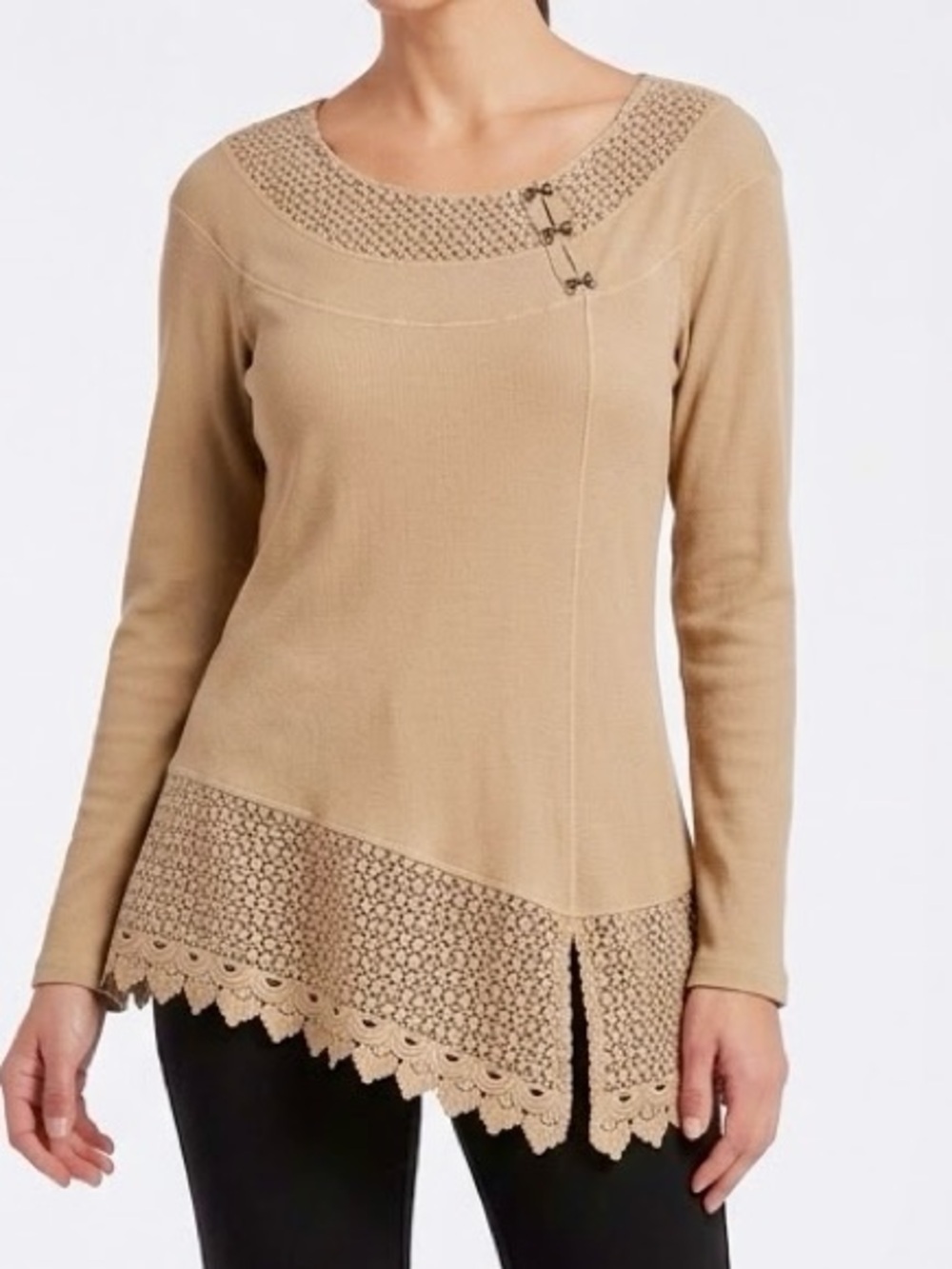 RXB Tan Knit Camel Lace-Hem Long Sleeve Tunic Top — #LHP